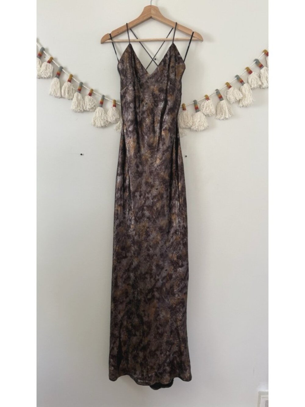 Lulus Sheeva Shiny Brown Multi Abstract Satin Lace Up Maxi Dress Party NWT M